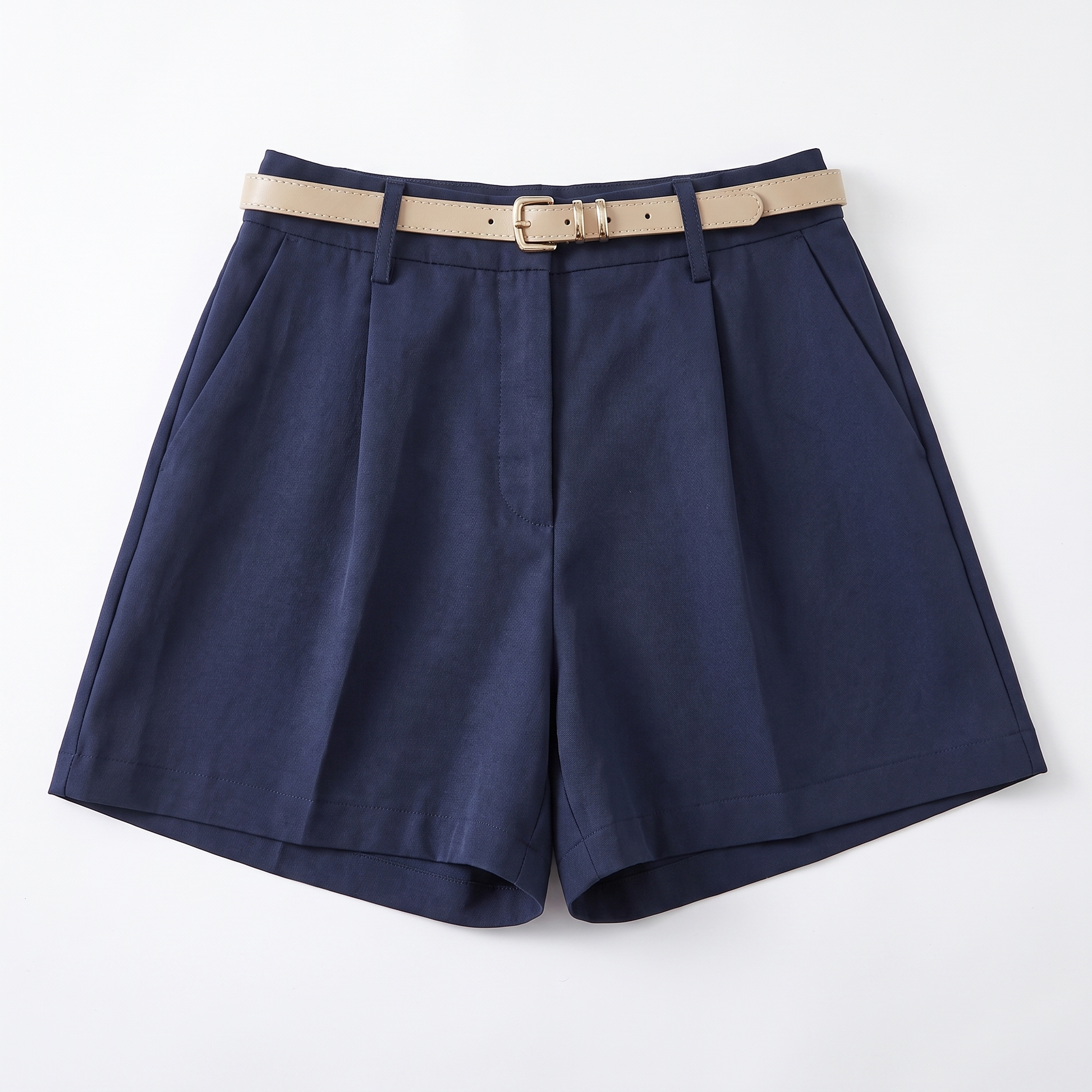 Sunoire 2026 chic fashion casual belt vintage zipper female high waist wide leg casual shorts garment flatlay 01