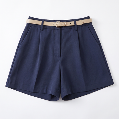 Sunoire 2026 chic fashion casual belt vintage zipper female high waist wide leg casual shorts garment flatlay 01