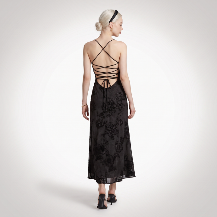 Sunoire 2026 fashionable elegant sexy maxi sleeveless ladies embroidered slim backless lace up long dress back view 01