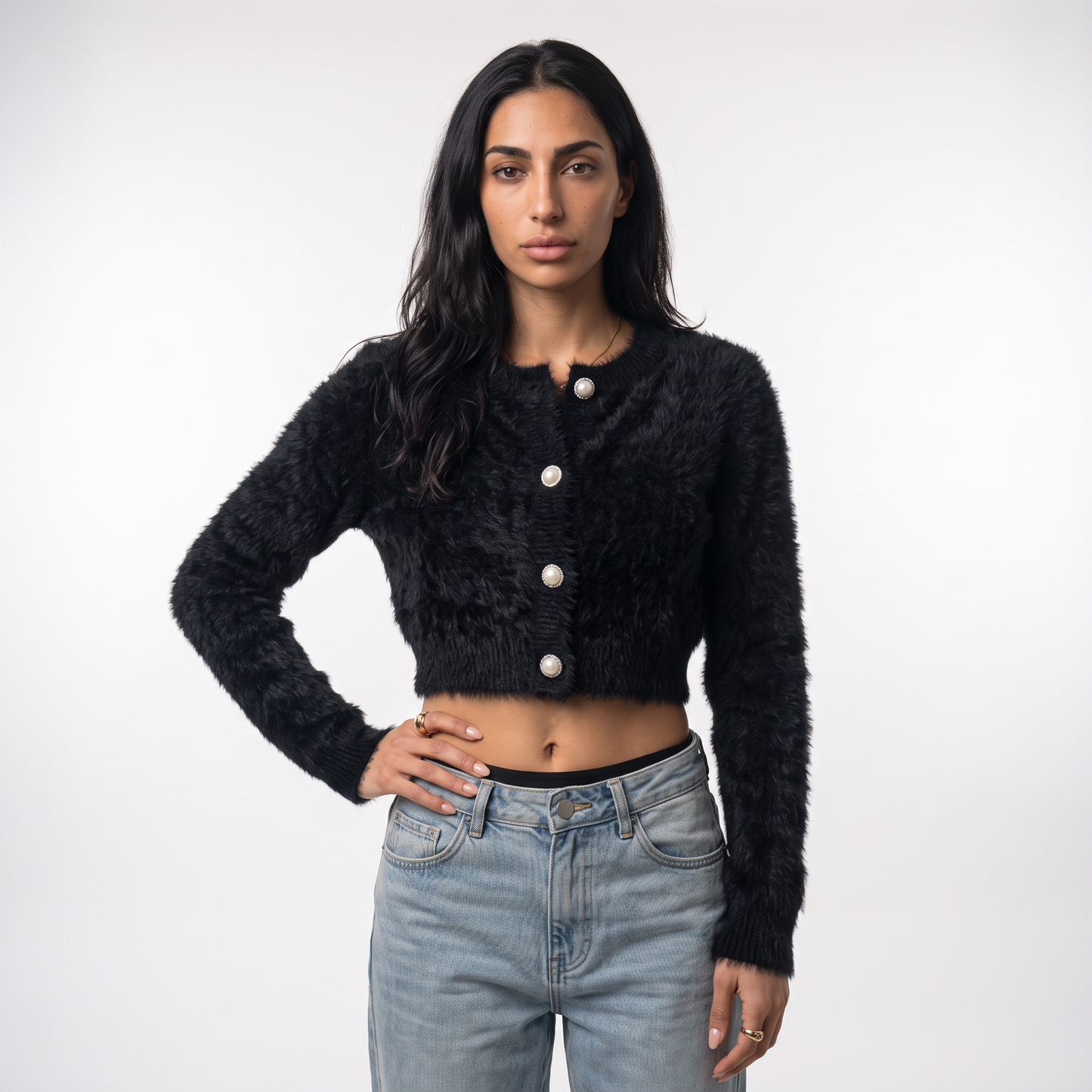Sunoire 2026 high quality crew neck y2k fuzzy cropped cardigan women pearl button balloon sleeve fall winter knitted sweaters coats colorway black front crop 01