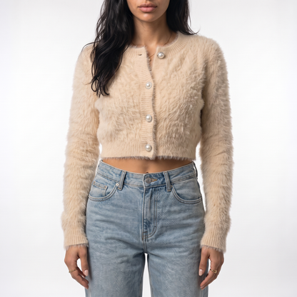 Sunoire 2026 high quality crew neck y2k fuzzy cropped cardigan women pearl button balloon sleeve fall winter knitted sweaters coats colorway cream front crop 01