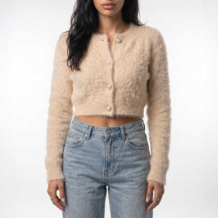 Sunoire 2026 high quality crew neck y2k fuzzy cropped cardigan women pearl button balloon sleeve fall winter knitted sweaters coats colorway cream front crop 01