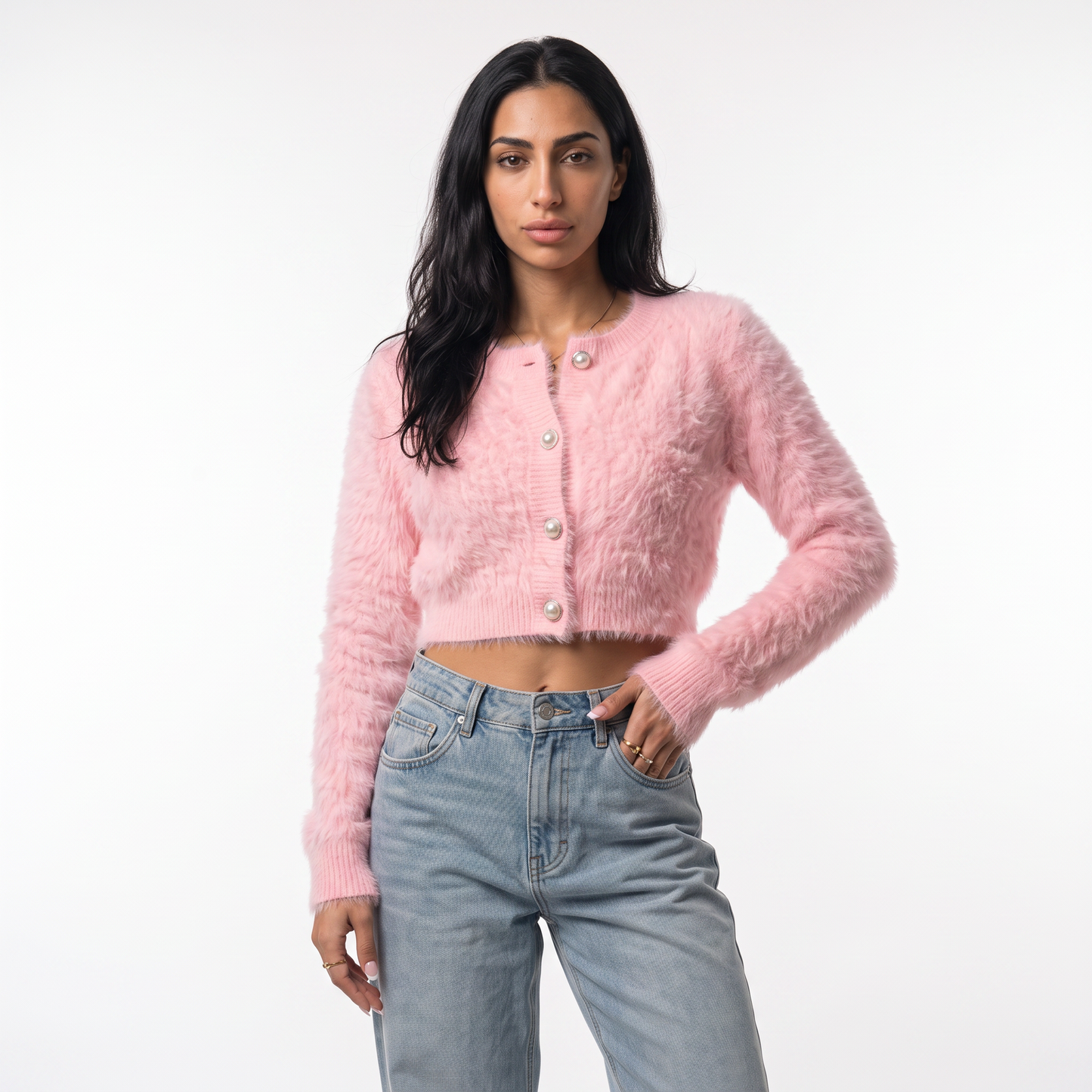 Sunoire 2026 high quality crew neck y2k fuzzy cropped cardigan women pearl button balloon sleeve fall winter knitted sweaters coats colorway pink front crop 01