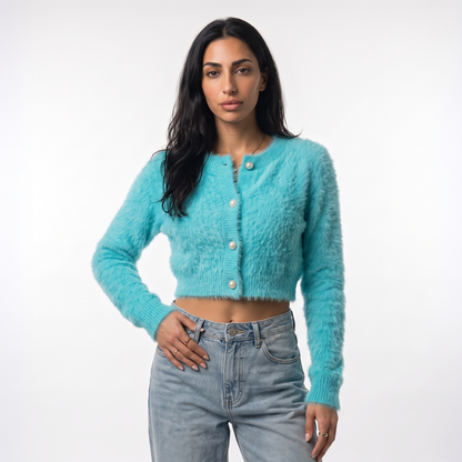 Sunoire 2026 high quality crew neck y2k fuzzy cropped cardigan women pearl button balloon sleeve fall winter knitted sweaters coats colorway turquoise front crop 01