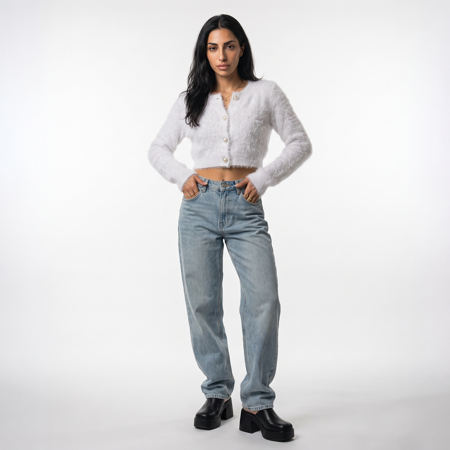 Sunoire 2026 high quality crew neck y2k fuzzy cropped cardigan women pearl button balloon sleeve fall winter knitted sweaters coats front hero 01