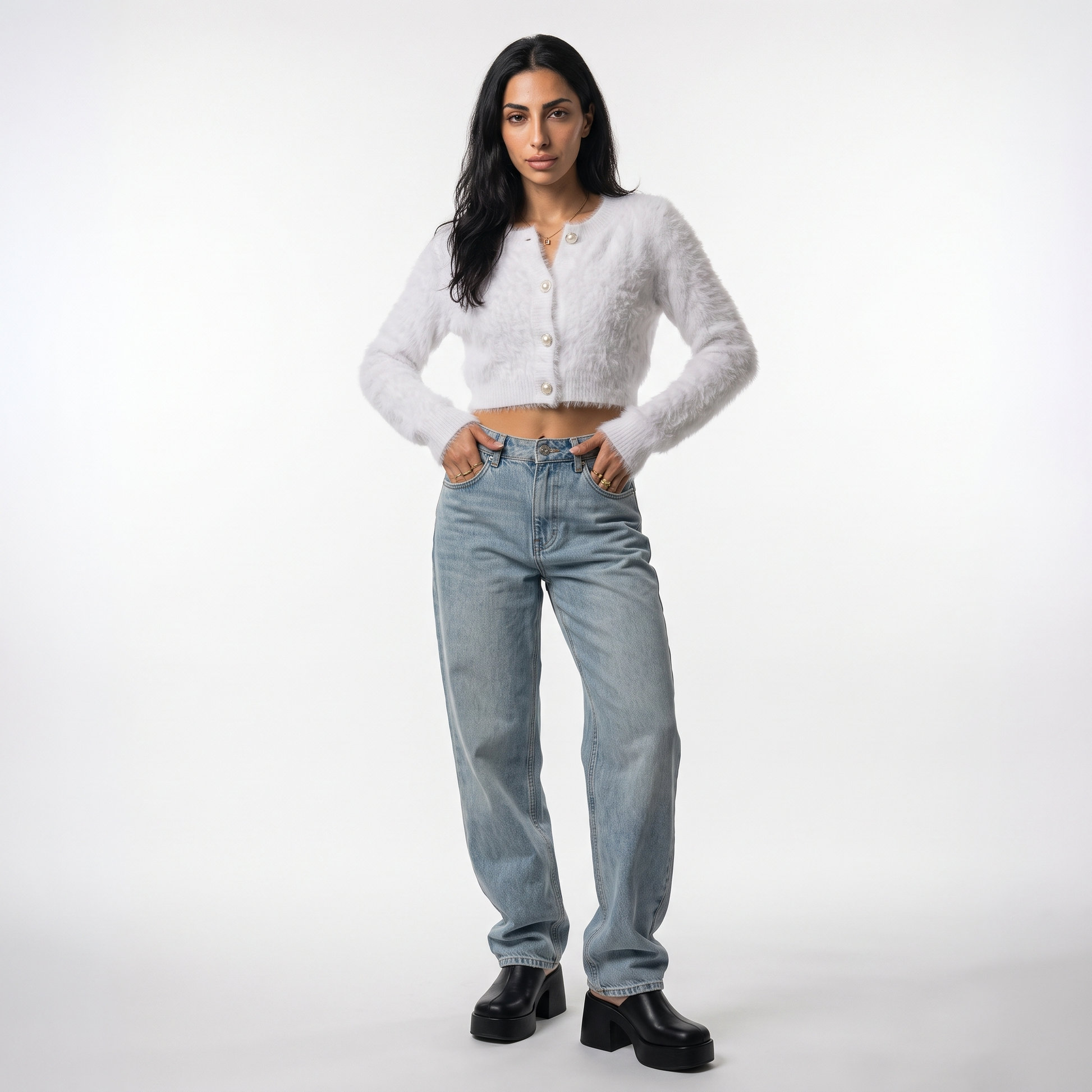 Sunoire 2026 high quality crew neck y2k fuzzy cropped cardigan women pearl button balloon sleeve fall winter knitted sweaters coats front hero 01