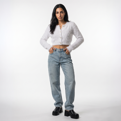 Sunoire 2026 high quality crew neck y2k fuzzy cropped cardigan women pearl button balloon sleeve fall winter knitted sweaters coats front hero 01