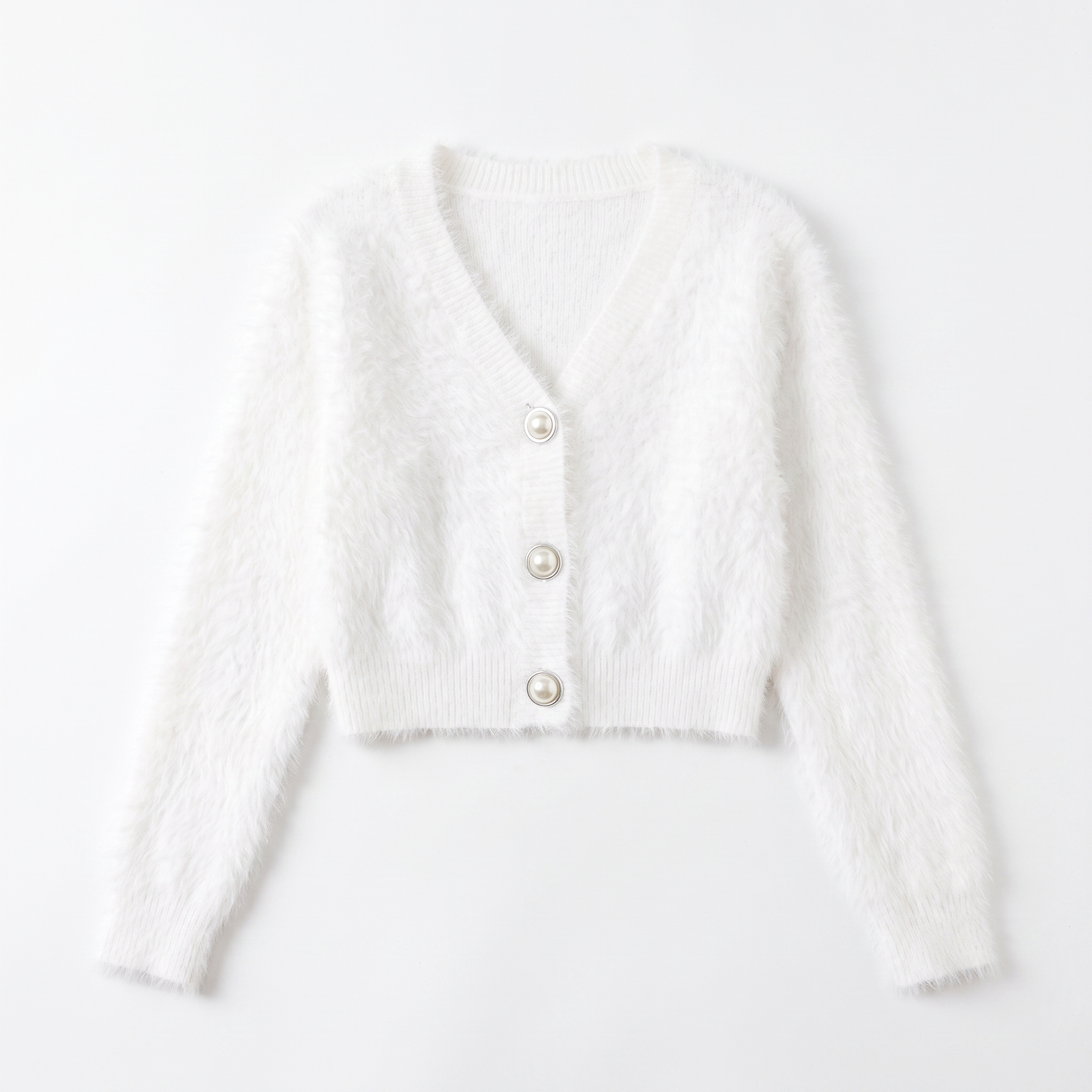 Sunoire 2026 high quality crew neck y2k fuzzy cropped cardigan women pearl button balloon sleeve fall winter knitted sweaters coats garment flatlay 01