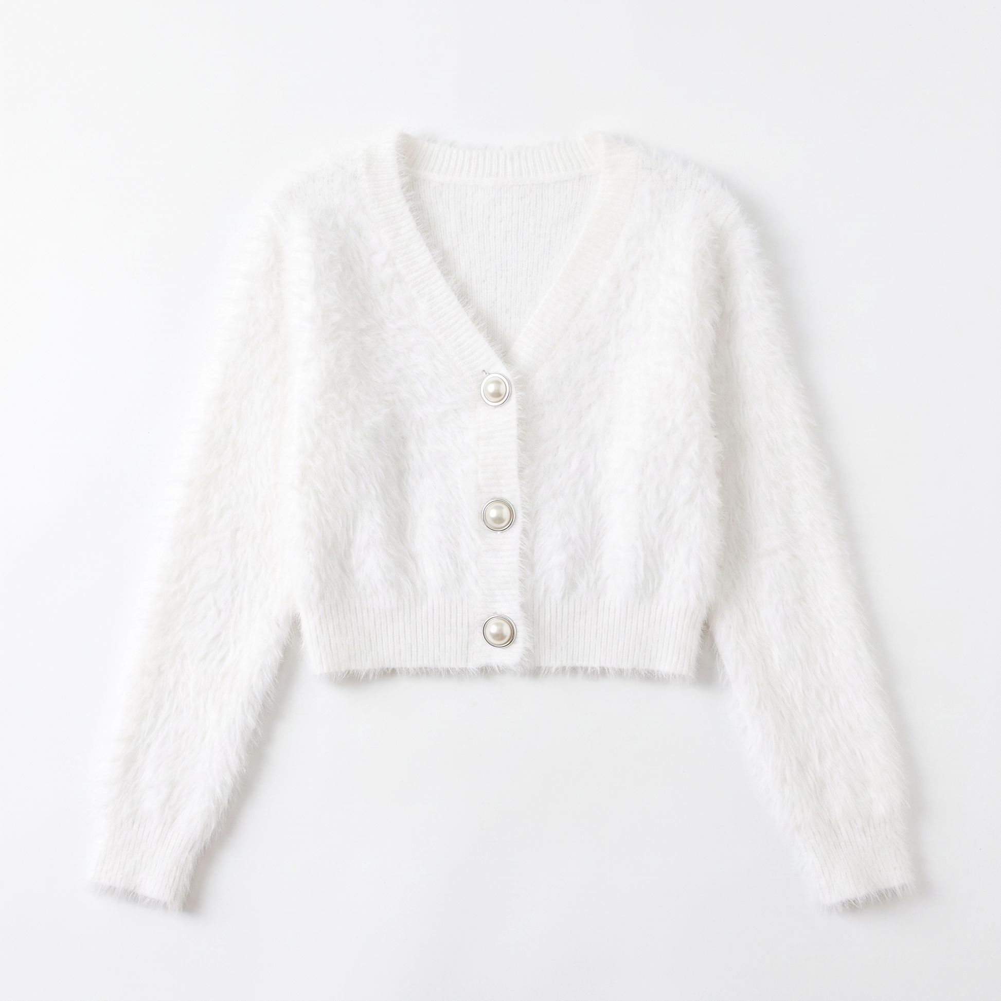 Sunoire 2026 high quality crew neck y2k fuzzy cropped cardigan women pearl button balloon sleeve fall winter knitted sweaters coats garment flatlay 01
