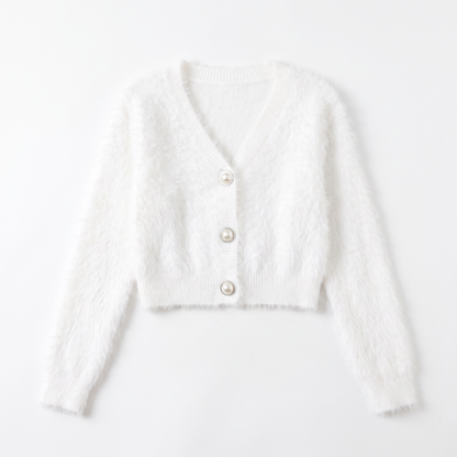Sunoire 2026 high quality crew neck y2k fuzzy cropped cardigan women pearl button balloon sleeve fall winter knitted sweaters coats garment flatlay 01