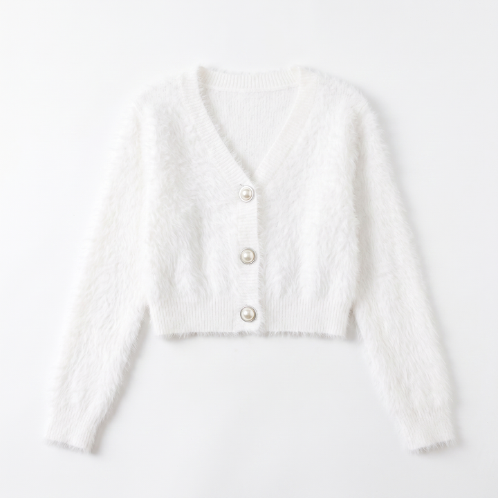 Sunoire 2026 high quality crew neck y2k fuzzy cropped cardigan women pearl button balloon sleeve fall winter knitted sweaters coats garment flatlay 01