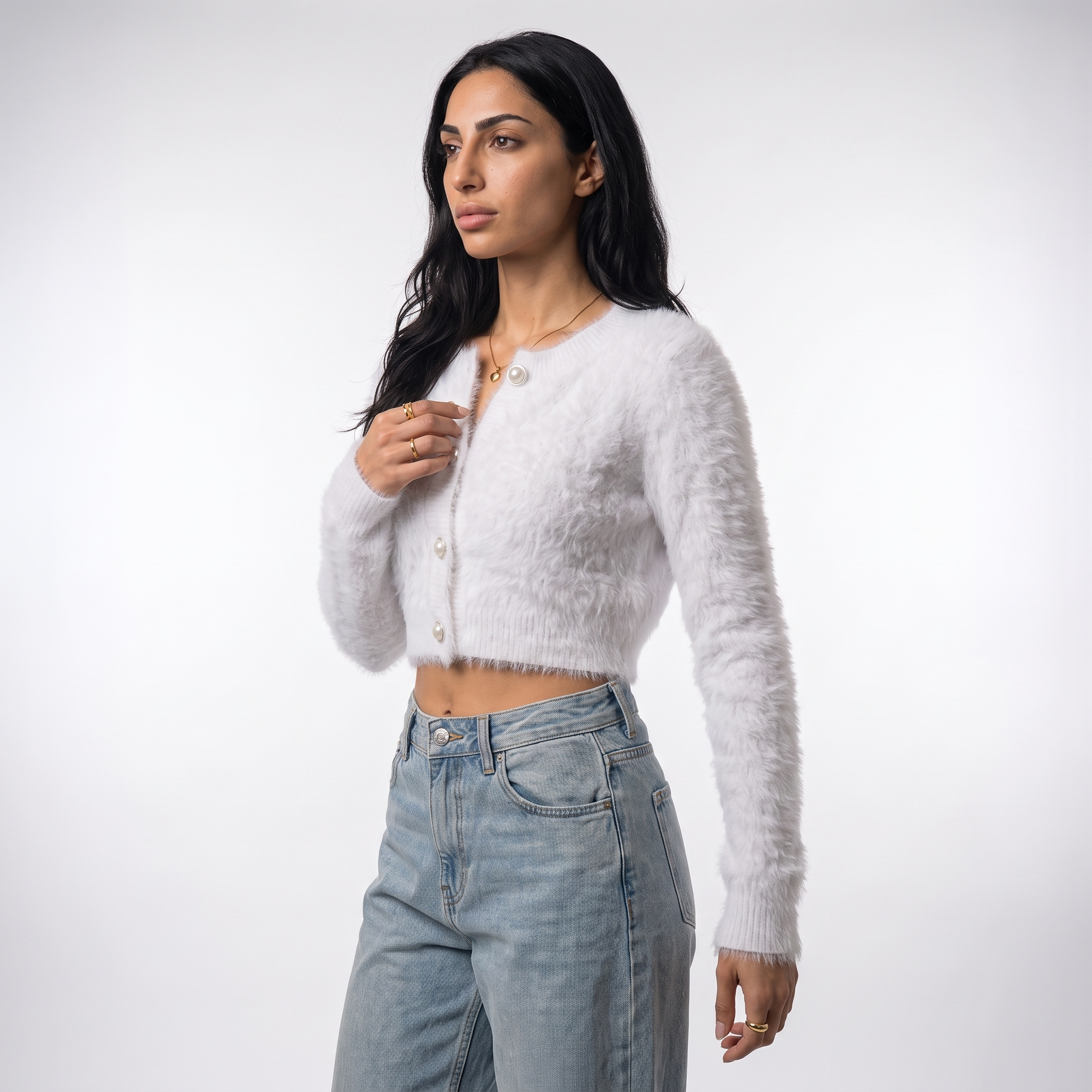 Sunoire 2026 high quality crew neck y2k fuzzy cropped cardigan women pearl button balloon sleeve fall winter knitted sweaters coats top crop 3q 01