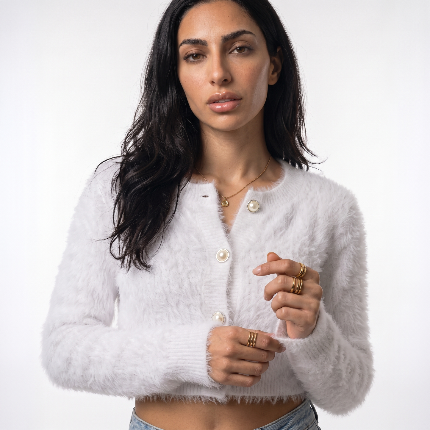 Sunoire 2026 high quality crew neck y2k fuzzy cropped cardigan women pearl button balloon sleeve fall winter knitted sweaters coats top front crop 01