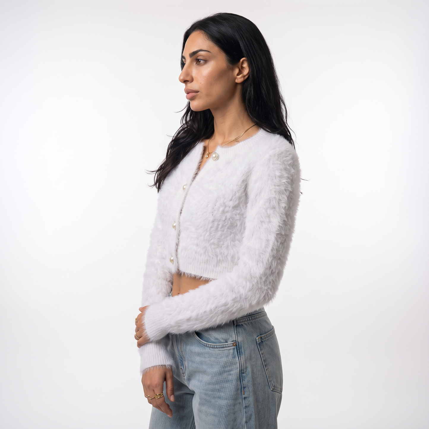 Sunoire 2026 high quality crew neck y2k fuzzy cropped cardigan women pearl button balloon sleeve fall winter knitted sweaters coats top side crop 01