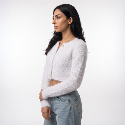Sunoire 2026 high quality crew neck y2k fuzzy cropped cardigan women pearl button balloon sleeve fall winter knitted sweaters coats top side crop 01