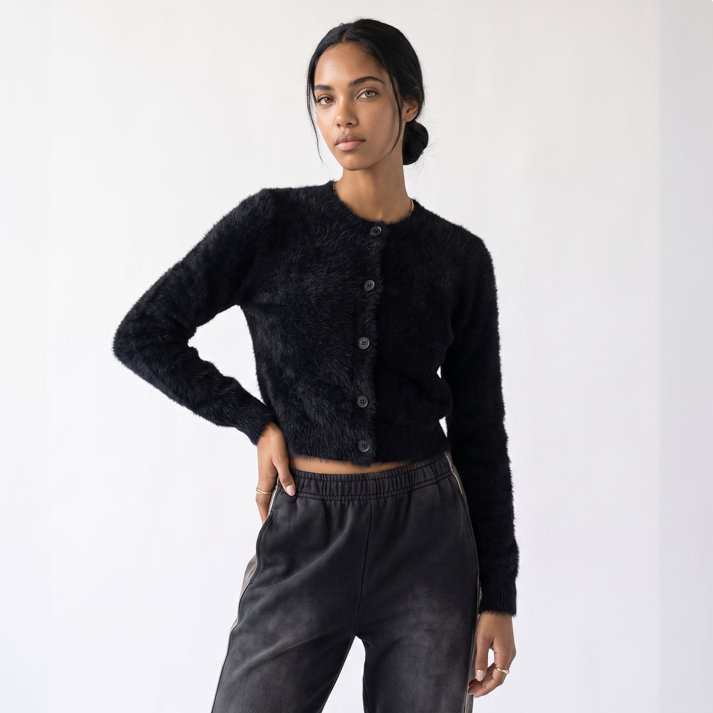 Sunoire 2026 hot sale korean oversized shaggy cardigans women button up lapel long sleeve fall winter fluffy chic sweet sweaters coats colorway black front crop 01