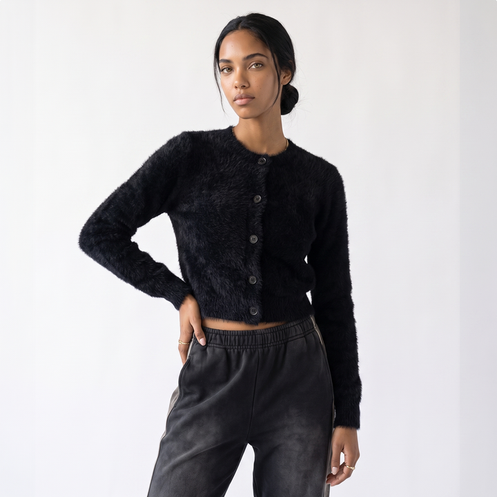 Sunoire 2026 hot sale korean oversized shaggy cardigans women button up lapel long sleeve fall winter fluffy chic sweet sweaters coats colorway black front crop 01