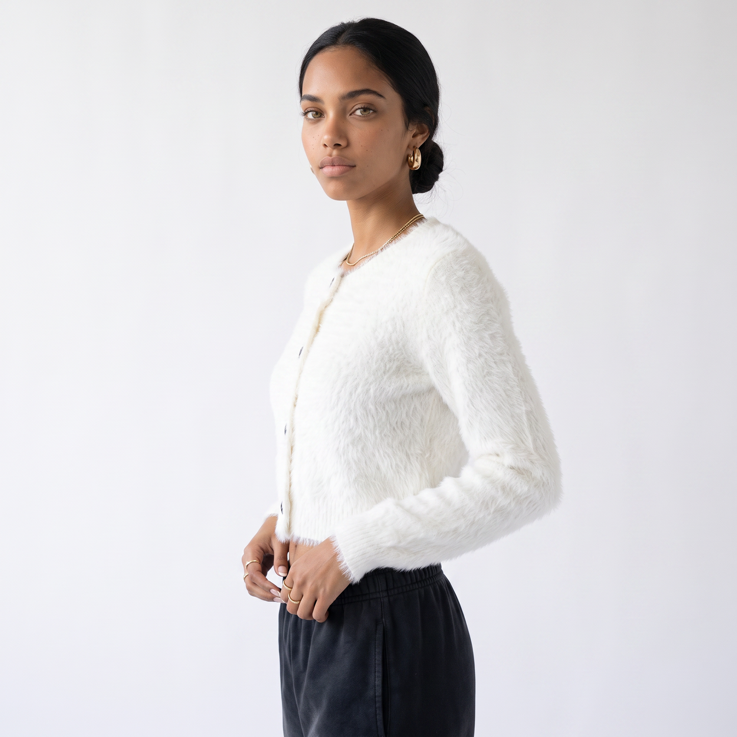 Sunoire 2026 hot sale korean oversized shaggy cardigans women button up lapel long sleeve fall winter fluffy chic sweet sweaters coats colorway white front crop 01