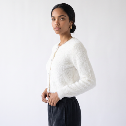 Sunoire 2026 hot sale korean oversized shaggy cardigans women button up lapel long sleeve fall winter fluffy chic sweet sweaters coats colorway white front crop 01
