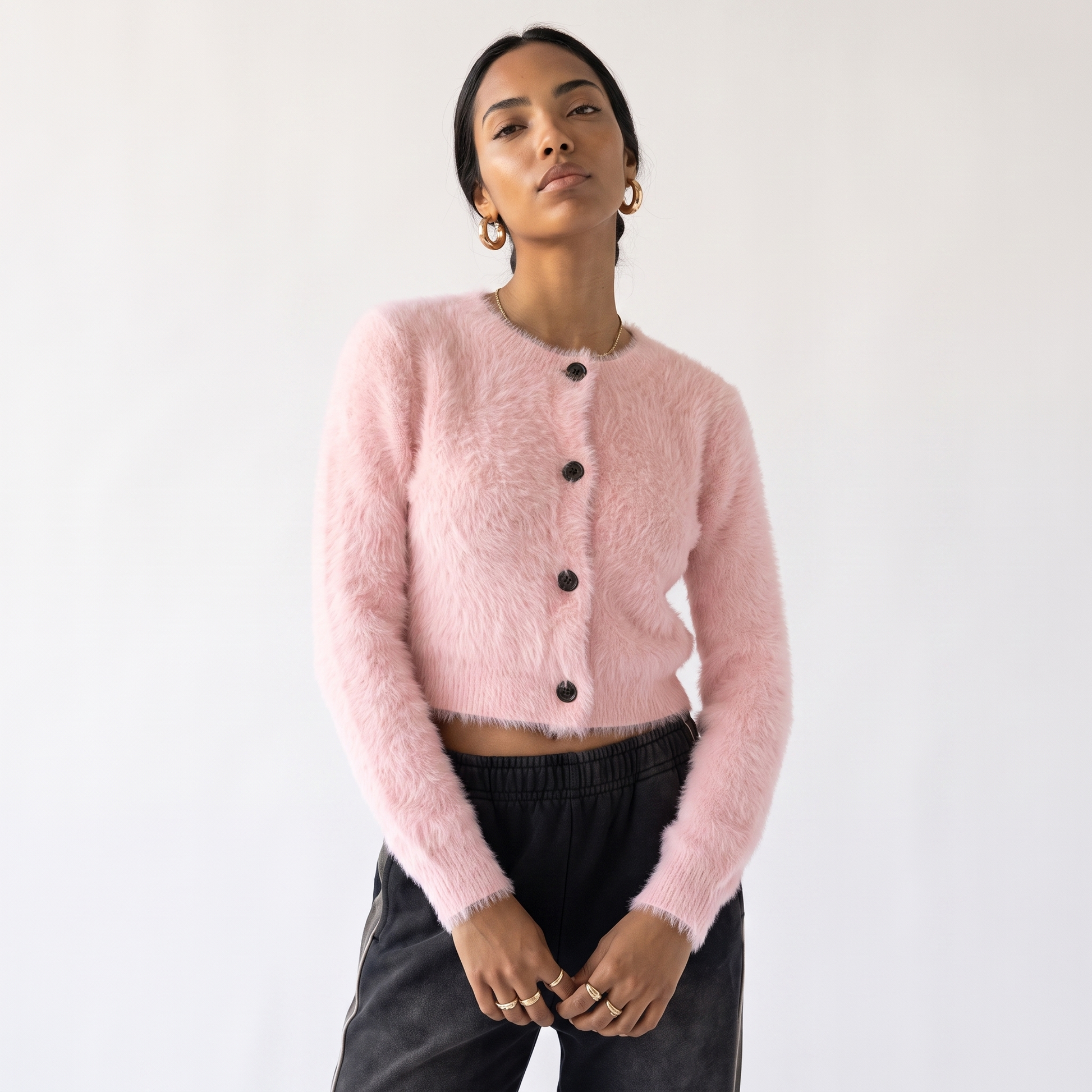 Sunoire 2026 hot sale korean oversized shaggy cardigans women button up lapel long sleeve fall winter fluffy chic sweet sweaters coats top front crop 01
