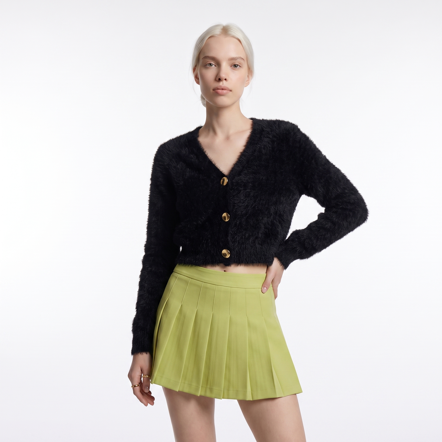 Sunoire 2026 korean fuzzy cardigan coat knitwear loose crochet knitted outfit plain sweaters slim fluffy cropped cardigans women colorway black front crop 01