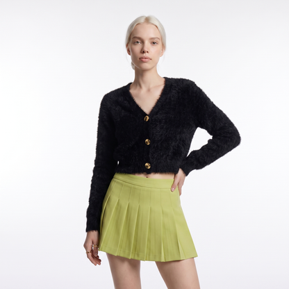 Sunoire 2026 korean fuzzy cardigan coat knitwear loose crochet knitted outfit plain sweaters slim fluffy cropped cardigans women colorway black front crop 01