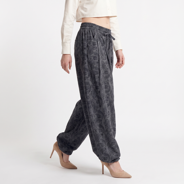 Women's Paisley Print Pleated Tie Front Baggy Trousers
