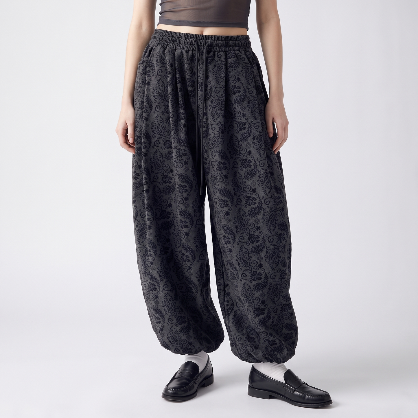 Sunoire 2026 new paisley print baggy pants for women high waist wide leg casual trousers oversized streetwear y2k pants with pockets bottom front crop 01