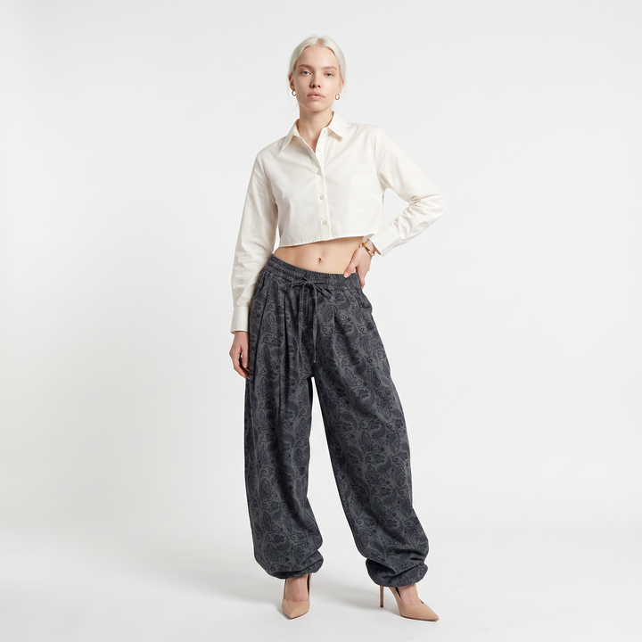 Women's Paisley Print Pleated Tie Front Baggy Trousers