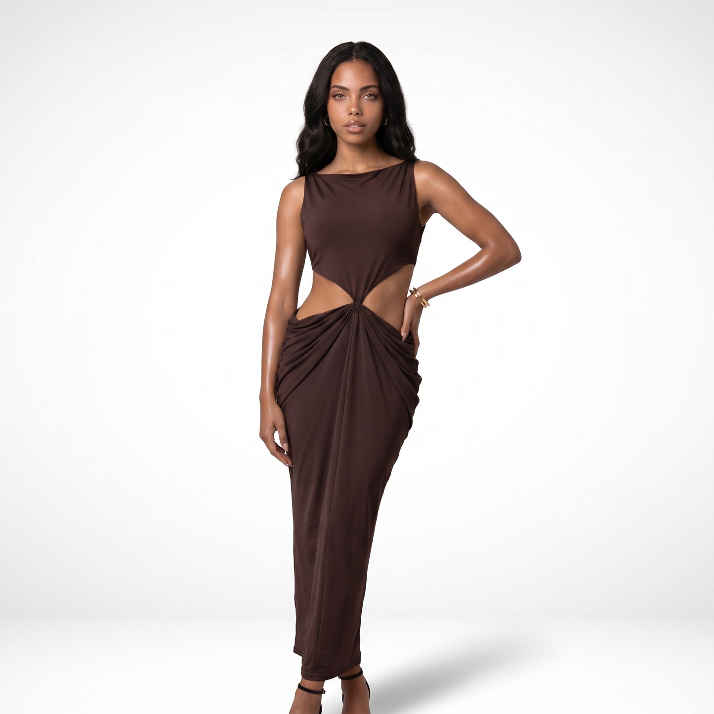 Sunoire 2026 summer collection sleeveless pleated backless elegant halter sexy slim women midi dress colorway brown front hero 01
