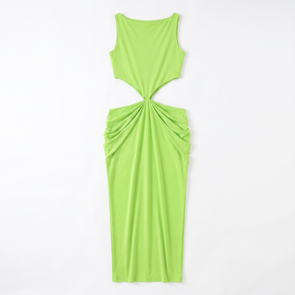 Sunoire 2026 summer collection sleeveless pleated backless elegant halter sexy slim women midi dress garment flatlay 01