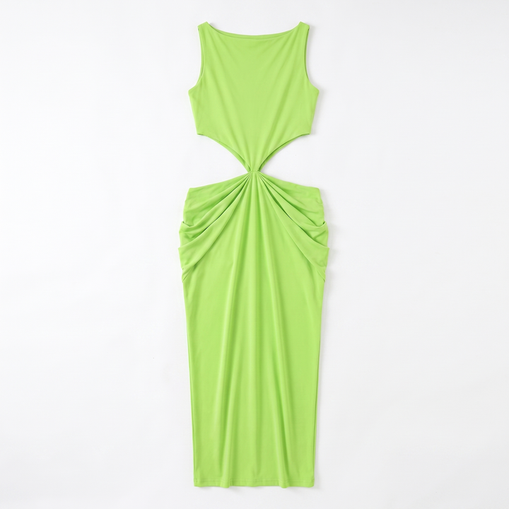 Sunoire 2026 summer collection sleeveless pleated backless elegant halter sexy slim women midi dress garment flatlay 01
