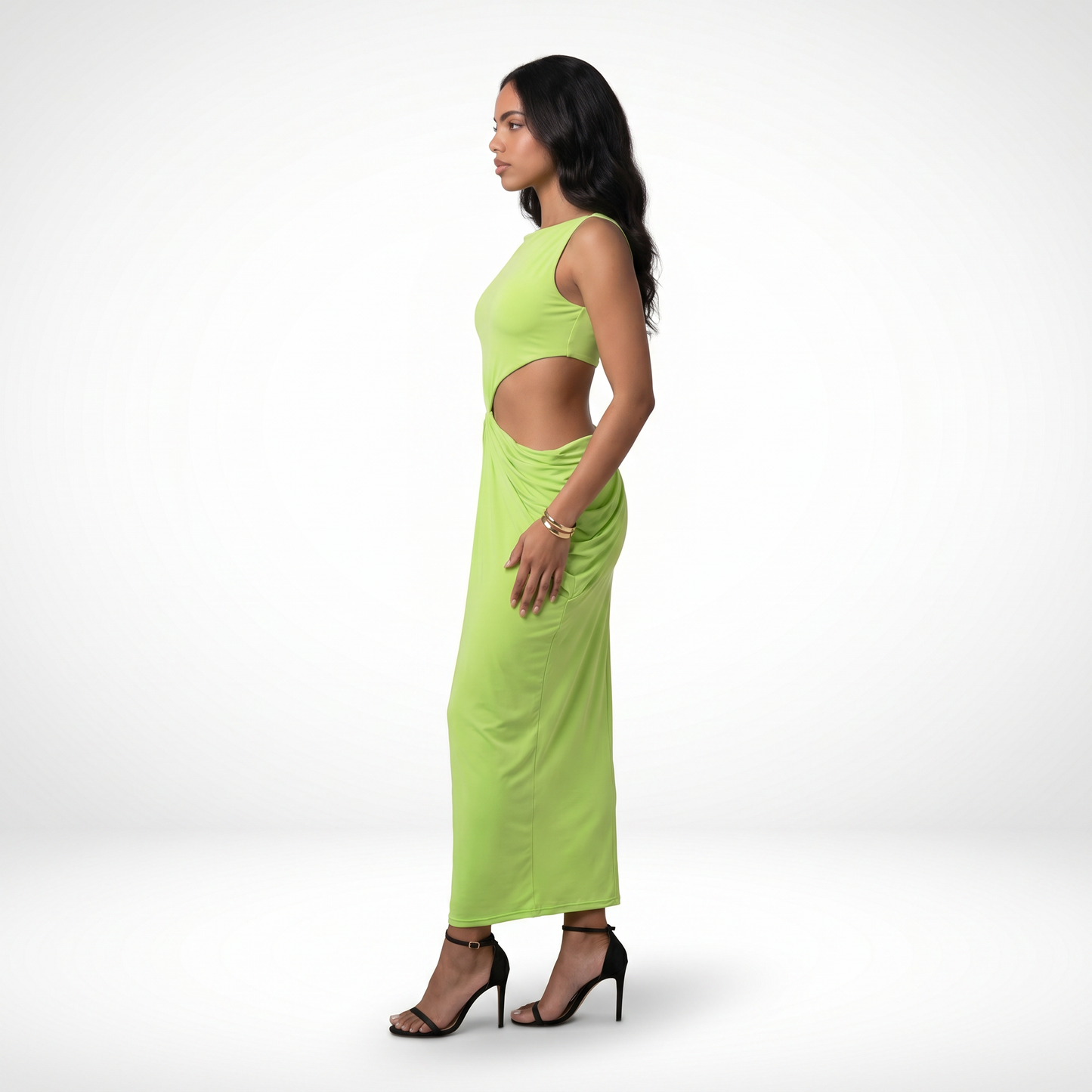 Sunoire 2026 summer collection sleeveless pleated backless elegant halter sexy slim women midi dress side view 01