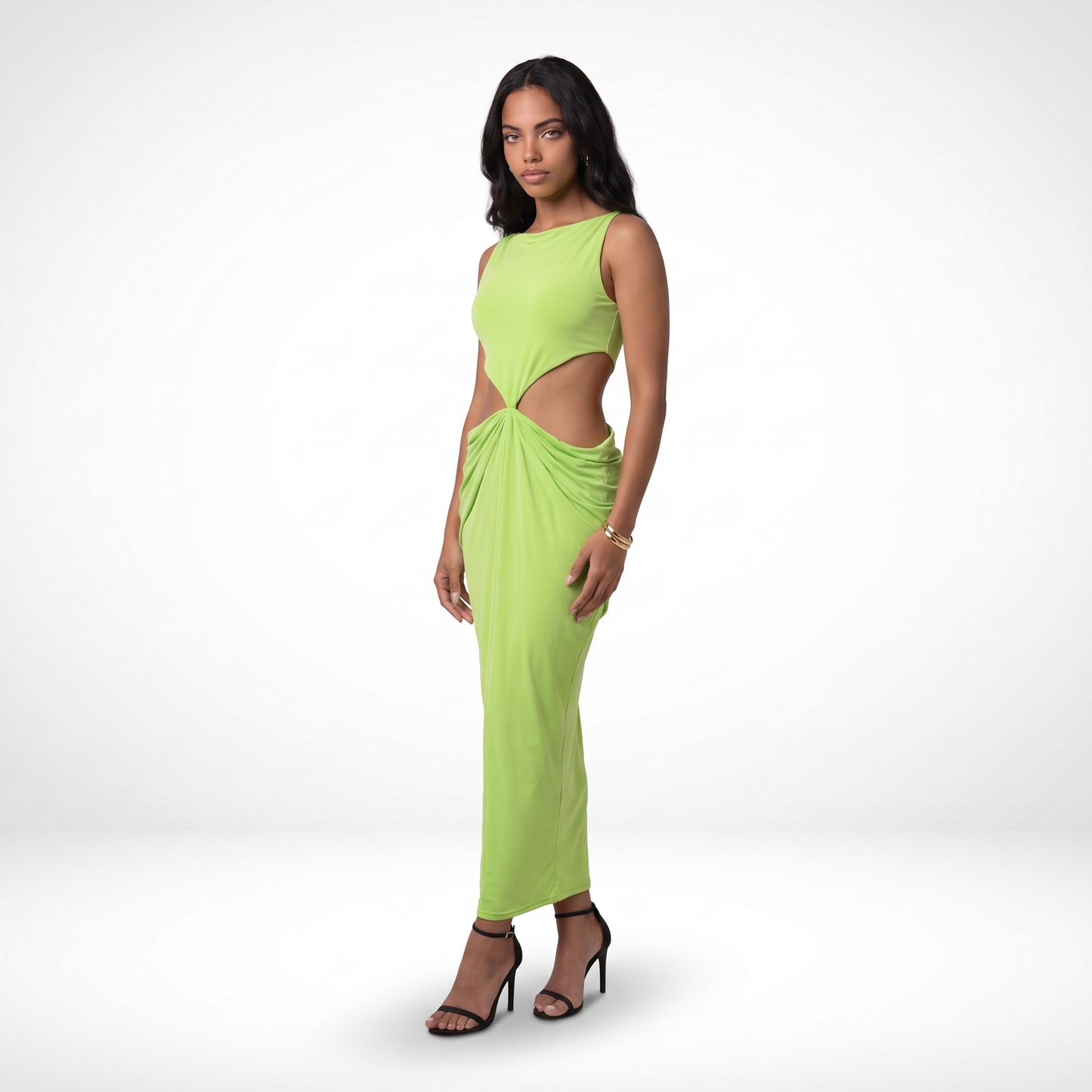 Sunoire 2026 summer collection sleeveless pleated backless elegant halter sexy slim women midi dress three quarter 01