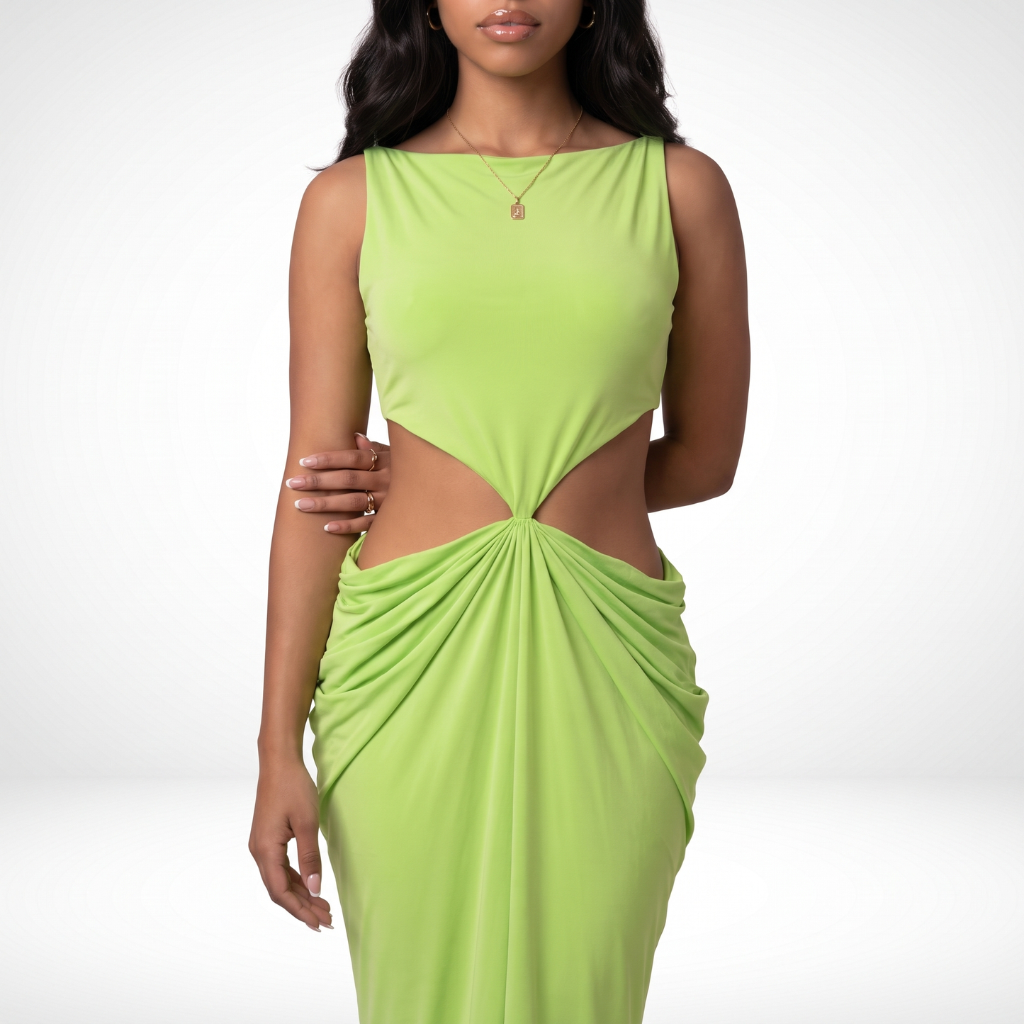 Sunoire 2026 summer collection sleeveless pleated backless elegant halter sexy slim women midi dress torso crop 01