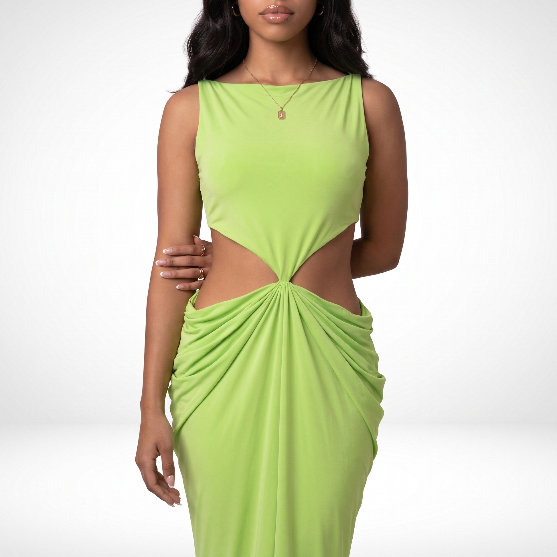 Sunoire 2026 summer collection sleeveless pleated backless elegant halter sexy slim women midi dress torso crop 01
