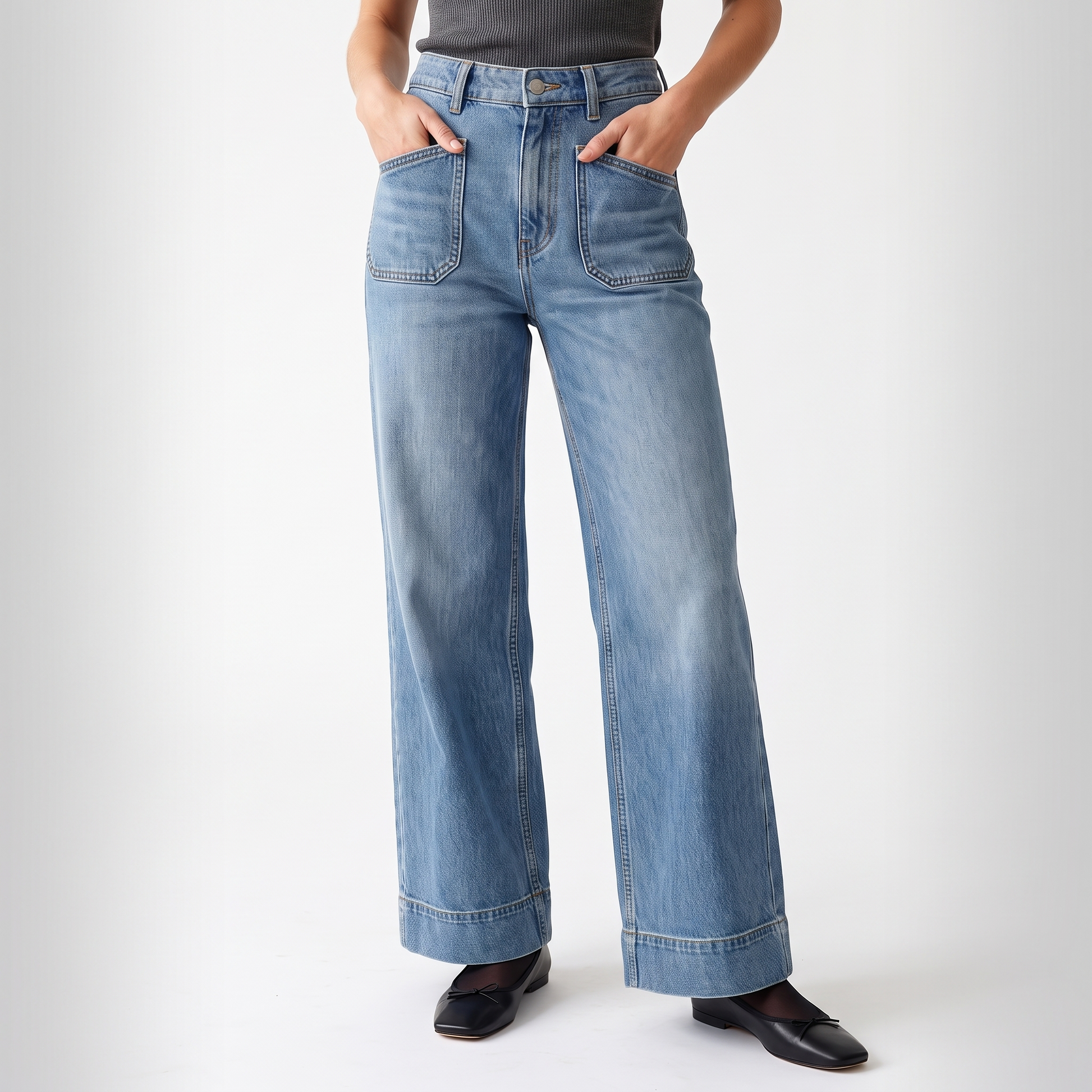 Sunoire 2026 vintage washed denim jeans for women new style loose fitting slimming women s wide leg straight pants denim mid cut pants bottom front crop 01