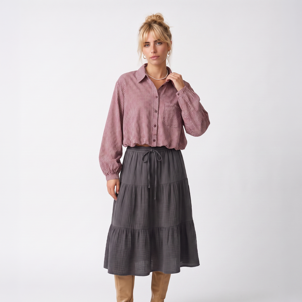 Sunoire 3 colorway turn down collar button up plaid pattern long sleeve casual fashion tops blouses shirts for women colorway red front hero 01