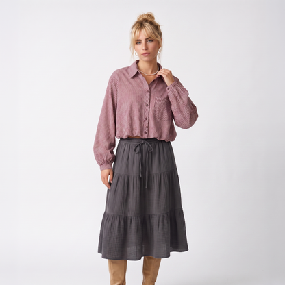 Sunoire 3 colorway turn down collar button up plaid pattern long sleeve casual fashion tops blouses shirts for women colorway red front hero 01