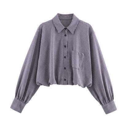 Sunoire 3 colorway turn down collar button up plaid pattern long sleeve casual fashion tops blouses shirts for women garment flatlay 01