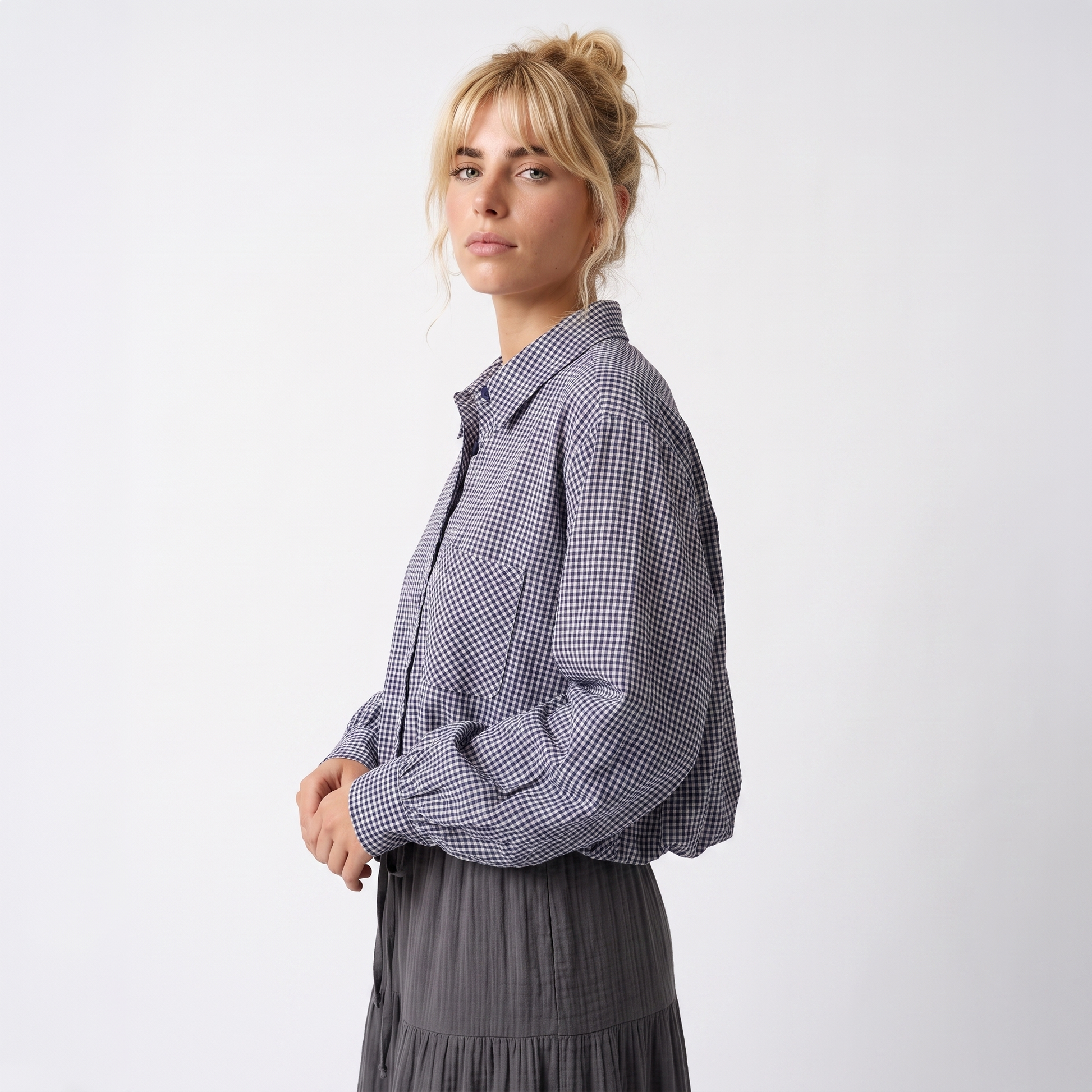 Sunoire 3 colorway turn down collar button up plaid pattern long sleeve casual fashion tops blouses shirts for women top crop 3q 01