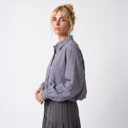 Sunoire 3 colorway turn down collar button up plaid pattern long sleeve casual fashion tops blouses shirts for women top crop 3q 01