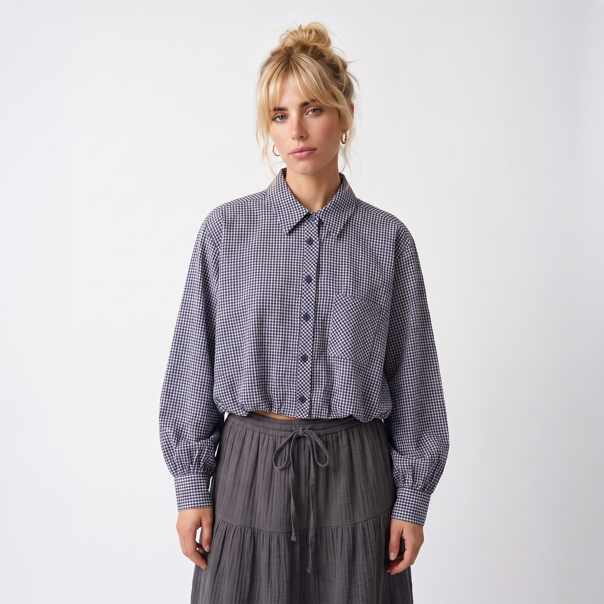 Sunoire 3 colorway turn down collar button up plaid pattern long sleeve casual fashion tops blouses shirts for women top front crop 01