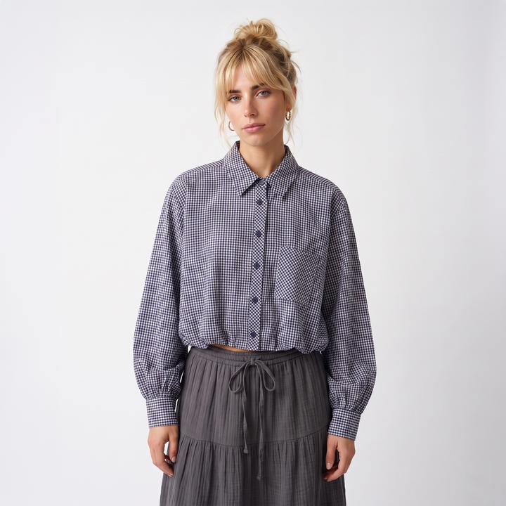 Sunoire 3 colorway turn down collar button up plaid pattern long sleeve casual fashion tops blouses shirts for women top front crop 01