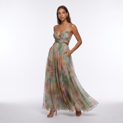 Sunoire women s floral v neck maxi dress flowing silhouette colorway sage green front hero 01