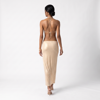 Sunoire a11257 luxury gold cut out halter maxi dress backless metallic evening long party dress deep v straight silhouette natural back view 01