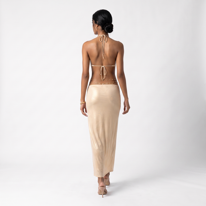 Sunoire a11257 luxury gold cut out halter maxi dress backless metallic evening long party dress deep v straight silhouette natural back view 01