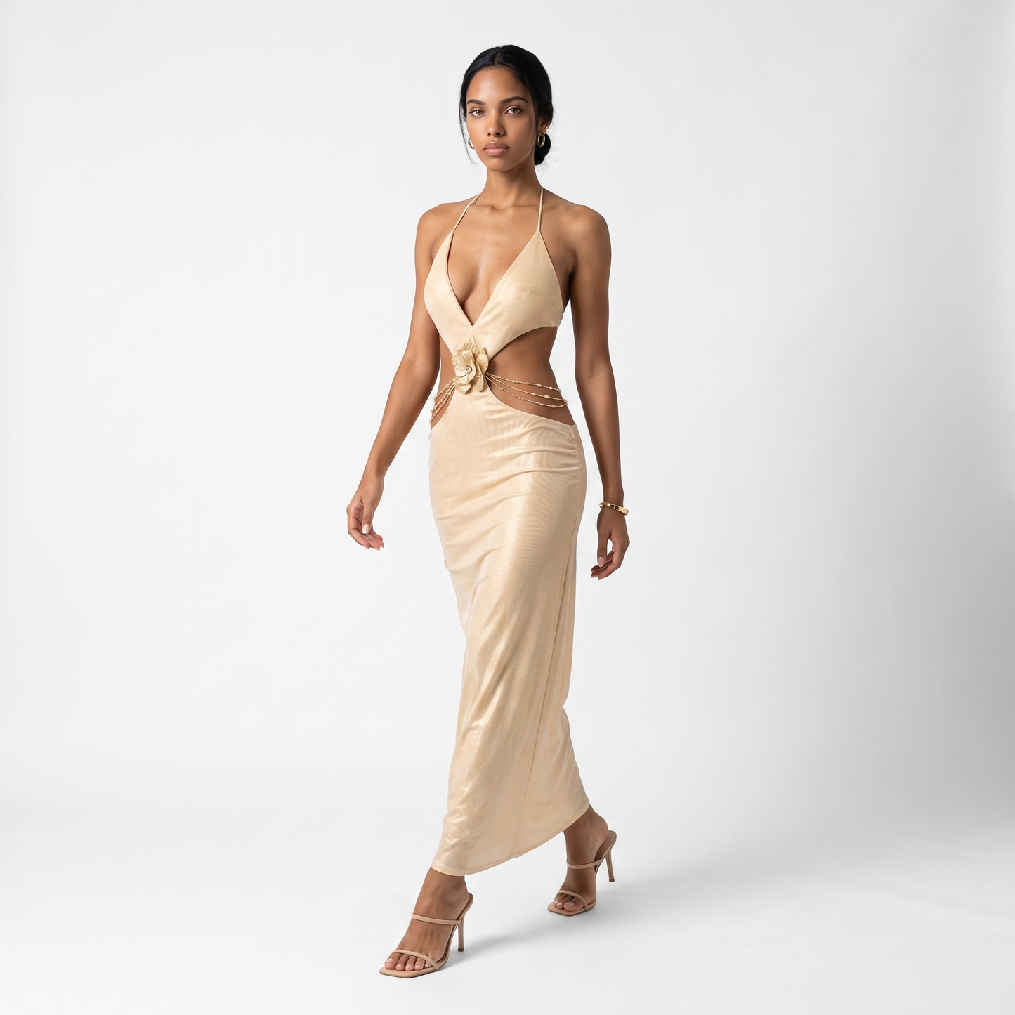 Sunoire a11257 luxury gold cut out halter maxi dress backless metallic evening long party dress deep v straight silhouette natural front hero 01
