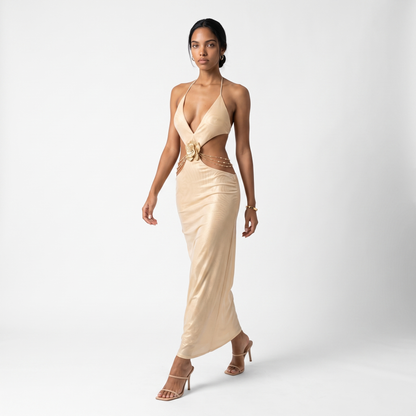 Sunoire a11257 luxury gold cut out halter maxi dress backless metallic evening long party dress deep v straight silhouette natural front hero 01