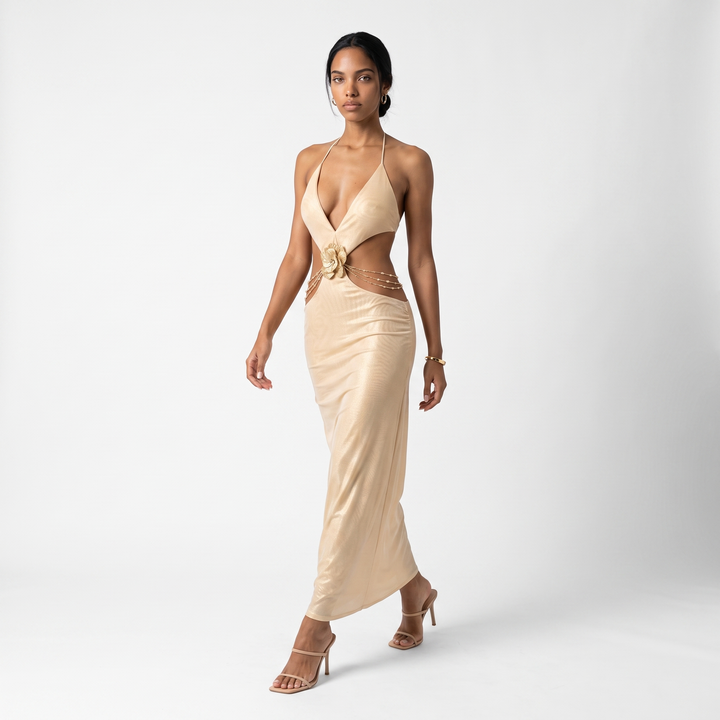 Sunoire a11257 luxury gold cut out halter maxi dress backless metallic evening long party dress deep v straight silhouette natural front hero 01